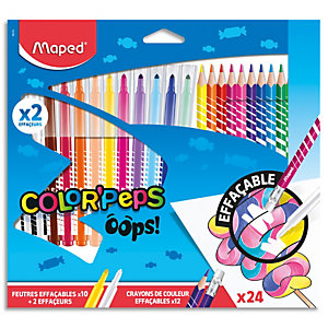 MAPED Combo pack Color Peps OOPS. 12 feutres coloriage dont 2 effaçeurs+12 crayons de couleurs avec gomme