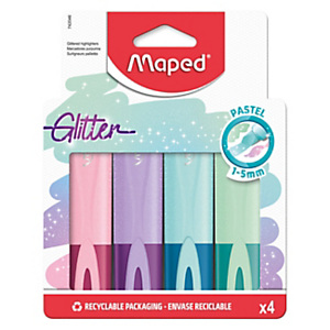 MAPED Evidenziatore Fluo'Peps Glitter, Punta a scalpello, 1 - 5 mm, Colori Assortiti (confezione 4 pezzi) MAPED Evidenziatore Fluo'Peps Glitter, Punta a scalpello, 1 - 5 mm, Colori Assortiti (confezione 4 pezzi)