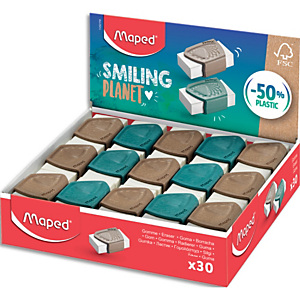 MAPED Gomme précision Smiling Planet, composé à 50% de fibres de bois FSC, vendu en présentoir de 30