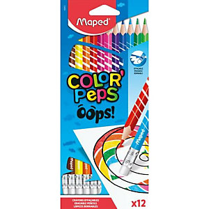 MAPED Pochette de 12 crayons de couleur effaçables OOPS COLOR'PEPS. Embout gomme. Couleurs assorties