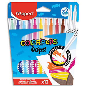 MAPED Pochette de 12 feutres de coloriage Color Peps OOPS. Inclus 2 feutres effaçeurs. Pointe conique