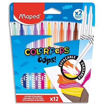 MAPED Pochette de 12 feutres de coloriage Color Peps OOPS. Inclus 2 feutres effaçeurs. Pointe conique