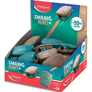 MAPED Taille-Crayons 1 trou Smiling Planet composé à 50% de fibres de bois FSC, vendu en présentoir de 28 MAPED Taille-Crayons 1 trou Smiling Planet composé à 50% de fibres de bois FSC, vendu en présentoir de 28