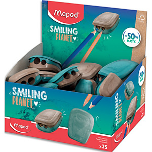 MAPED Taille-Crayons 2 trous Smiling Planet composé à 50% de fibres de bois FSC,vendu en présentoir de 25
