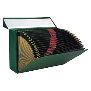 MARIOLA Caja Transferencia Cartón Folio, Con fuelle 16 departamentos, Tapa fija, Verde, 255 x 100 x 380 mm MARIOLA Caja Transferencia Cartón Folio, Con fuelle 16 departamentos, Tapa fija, Verde, 255 x 100 x 380 mm