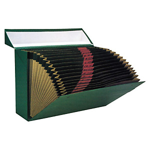MARIOLA Caja Transferencia Cartón Folio, Con fuelle 16 departamentos, Tapa fija, Verde, 255 x 100 x 380 mm MARIOLA Caja Transferencia Cartón Folio, Con fuelle 16 departamentos, Tapa fija, Verde, 255 x 100 x 380 mm