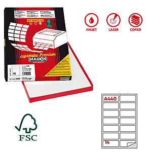 MARKIN Etichette adesive A/440 - in carta - angoli arrotondati - permanenti - 99,1 x 38,1 mm - 14 et/fg - 100 fogli - bianco MARKIN Etichette adesive A/440 - in carta - angoli arrotondati - permanenti - 99,1 x 38,1 mm - 14 et/fg - 100 fogli - bianco
