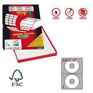 MARKIN Etichette adesive A/462 - in carta - permanenti - diametro CD 117,5 mm - foro 41 mm - 2 et/fg - 100 fogli - bianco coprente MARKIN Etichette adesive A/462 - in carta - permanenti - diametro CD 117,5 mm - foro 41 mm - 2 et/fg - 100 fogli - bianco coprente