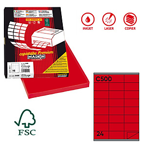 MARKIN Etichette adesive C/500 - in carta - permanenti - 70 x 36 mm - 24 et/fg - 100 fogli - rosso MARKIN Etichette adesive C/500 - in carta - permanenti - 70 x 36 mm - 24 et/fg - 100 fogli - rosso