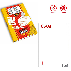 MARKIN Etichette adesive C/503 - poliestere - laser - permanenti - 210 x 297 mm - 1 et/fg - 50 fogli - bianco opaco MARKIN Etichette adesive C/503 - poliestere - laser - permanenti - 210 x 297 mm - 1 et/fg - 50 fogli - bianco opaco