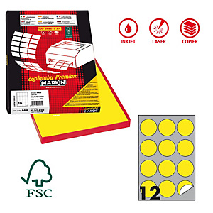 MARKIN Etichette adesive tonde R/310 - in carta - permanenti - diametro 60 mm - 12 et/fg - 100 fogli - giallo fluo MARKIN Etichette adesive tonde R/310 - in carta - permanenti - diametro 60 mm - 12 et/fg - 100 fogli - giallo fluo