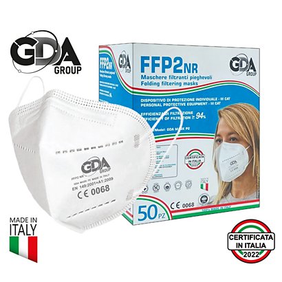 Mascherina facciale protettiva monouso FFP2 NR senza valvola, GDA MASK P2, imbustata singolarmente, Made in Italy, Bianco (confezione 50 pezzi)