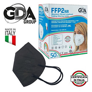 Mascherina facciale protettiva monouso FFP2 NR senza valvola, GDA MASK P2, imbustata singolarmente, Made in Italy, Nero (confezione 50 pezzi)