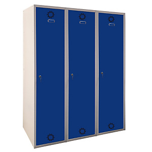 MEGABLOK Bloque de 3 taquillas metálicas de 1 puerta y 40 cm ancho, con divisoria vertical, puerta azul. Desmontado MEGABLOK Bloque de 3 taquillas metálicas de 1 puerta y 40 cm ancho, con divisoria vertical, puerta azul. Desmontado