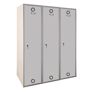 MEGABLOK Bloque de 3 taquillas metálicas de 1 puerta y 40 cm ancho, con divisoria vertical, puerta gris. Desmontado MEGABLOK Bloque de 3 taquillas metálicas de 1 puerta y 40 cm ancho, con divisoria vertical, puerta gris. Desmontado