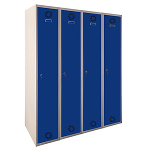 MEGABLOK Bloque de 4 taquillas metálicas de 1 puerta y 30 cm ancho, puerta azul. Montado MEGABLOK Bloque de 4 taquillas metálicas de 1 puerta y 30 cm ancho, puerta azul. Montado