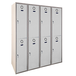 MEGABLOK Bloque de 4 taquillas metálicas de 2 puertas y 30 cm ancho, puerta gris. Montado MEGABLOK Bloque de 4 taquillas metálicas de 2 puertas y 30 cm ancho, puerta gris. Montado