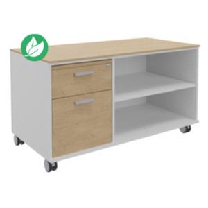 Meuble bas console mobile sur roulettes Rhéa - L. 120 x P. 60 x H. 66 cm - 2 tiroirs - Corps Blanc - Tiroirs Chêne Meuble bas console mobile sur roulettes Rhéa - L. 120 x P. 60 x H. 66 cm - 2 tiroirs - Corps Blanc - Tiroirs Chêne