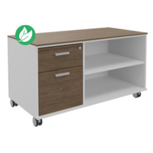 Meuble bas console mobile sur roulettes Rhéa - L. 120 x P. 60 x H. 66 cm - 2 tiroirs - Corps Blanc - Tiroirs Noyer Meuble bas console mobile sur roulettes Rhéa - L. 120 x P. 60 x H. 66 cm - 2 tiroirs - Corps Blanc - Tiroirs Noyer