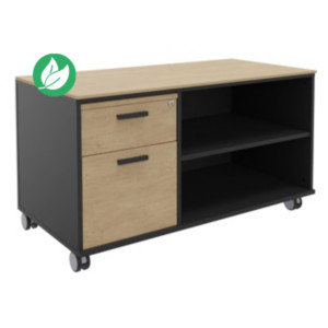 Meuble bas console mobile sur roulettes Rhéa - L. 120 x P. 60 x H. 66 cm - 2 tiroirs - Corps Carbone - Tiroirs Chêne Meuble bas console mobile sur roulettes Rhéa - L. 120 x P. 60 x H. 66 cm - 2 tiroirs - Corps Carbone - Tiroirs Chêne
