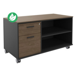 Meuble bas console mobile sur roulettes Rhéa - L. 120 x P. 60 x H. 66 cm - 2 tiroirs - Corps Carbone - Tiroirs Noyer Meuble bas console mobile sur roulettes Rhéa - L. 120 x P. 60 x H. 66 cm - 2 tiroirs - Corps Carbone - Tiroirs Noyer