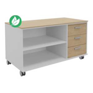 Meuble bas console mobile sur roulettes Rhéa - L. 120 x P. 60 x H. 66 cm - 3 tiroirs - Corps Blanc - Tiroirs Chêne Meuble bas console mobile sur roulettes Rhéa - L. 120 x P. 60 x H. 66 cm - 3 tiroirs - Corps Blanc - Tiroirs Chêne