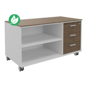 Meuble bas console mobile sur roulettes Rhéa - L. 120 x P. 60 x H. 66 cm - 3 tiroirs - Corps Blanc - Tiroirs Noyer Meuble bas console mobile sur roulettes Rhéa - L. 120 x P. 60 x H. 66 cm - 3 tiroirs - Corps Blanc - Tiroirs Noyer