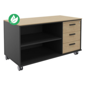 Meuble bas console mobile sur roulettes Rhéa - L. 120 x P. 60 x H. 66 cm - 3 tiroirs - Corps Carbone - Tiroirs Chêne Meuble bas console mobile sur roulettes Rhéa - L. 120 x P. 60 x H. 66 cm - 3 tiroirs - Corps Carbone - Tiroirs Chêne