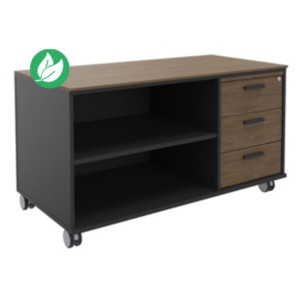 Meuble bas console mobile sur roulettes Rhéa - L. 120 x P. 60 x H. 66 cm - 3 tiroirs - Corps Carbone - Tiroirs Noyer Meuble bas console mobile sur roulettes Rhéa - L. 120 x P. 60 x H. 66 cm - 3 tiroirs - Corps Carbone - Tiroirs Noyer