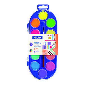MILAN Acuarelas colores fluo y metalizados, estuche de plástico, 12 colores MILAN Acuarelas colores fluo y metalizados, estuche de plástico, 12 colores