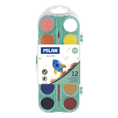 MILAN Acuarelas colores opacas de Ø 30 mm con pincel, estuche de plástico, 12 colores