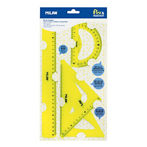 MILAN Flex & Resistant Conjunto de reglas flexible - kit de trazado de 4 piezas con regla 30 cm, escuadra 90º/45º/45º, cartabón 90º/60º/30º y transportador 180º 10 cm, amarillo translúcido.