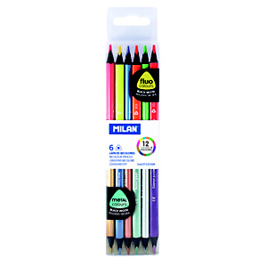MILAN Lápices bicolor colores fluorescentes + metalicos triangulares, trazo fino, 12 colores surtidos MILAN Lápices bicolor colores fluorescentes + metalicos triangulares, trazo fino, 12 colores surtidos
