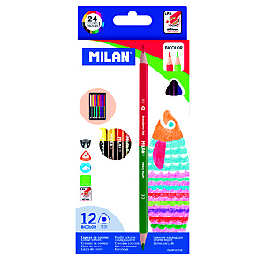 MILAN Lápices bicolor triangulares, trazo fino, 24 colores surtidos MILAN Lápices bicolor triangulares, trazo fino, 24 colores surtidos