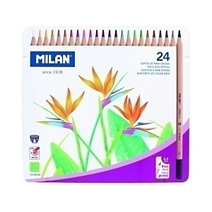 MILAN Lápices de colores, cuerpo hexagonal, mina gruesa de 3,5 mm, caja de metal de 24, colores surtidos MILAN Lápices de colores, cuerpo hexagonal, mina gruesa de 3,5 mm, caja de metal de 24, colores surtidos