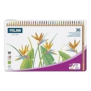 MILAN Lápices de colores, cuerpo hexagonal, mina gruesa de 3,5 mm, caja de metal de 36, colores surtidos MILAN Lápices de colores, cuerpo hexagonal, mina gruesa de 3,5 mm, caja de metal de 36, colores surtidos