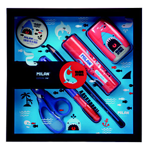 MILAN Shark Attack azul y rojo Caja con 6 productos: 1 goma de borrar, 1 lápiz, 1 bolígrafo, 1 barra de pegamento, 1 tijeras y 1 afilaborra