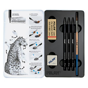 MILAN Todographite Caja metálica 3 lápices de grafito acuarelable (HB, 4B y 8B) + 1 sacapuntas Afila + 1 goma The Master Gum + 1 pincel