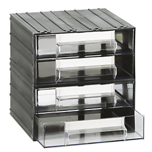 MOBILPLASTIC Cassettiera componibile modulare T43, 22,5 x 22,5 x 22,5 cm, 4 cassetti, Nero/Trasparente MOBILPLASTIC Cassettiera componibile modulare T43, 22,5 x 22,5 x 22,5 cm, 4 cassetti, Nero/Trasparente