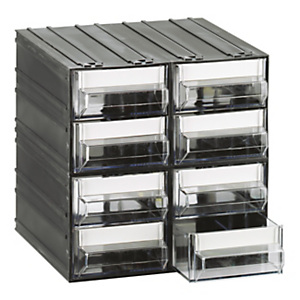 MOBILPLASTIC Cassettiera componibile modulare T45, 22,5 x 22,5 x 22,5 cm, 8 cassetti, Nero/Trasparente MOBILPLASTIC Cassettiera componibile modulare T45, 22,5 x 22,5 x 22,5 cm, 8 cassetti, Nero/Trasparente