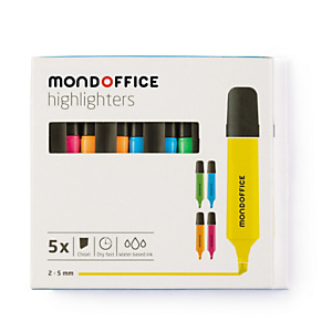 MONDOFFICE Hype! Marcador fluorescente, punta biselada, 1 mm-5 mm, Amarillo, Rosa, Verde, Naranja y Azul MONDOFFICE Hype! Marcador fluorescente, punta biselada, 1 mm-5 mm, Amarillo, Rosa, Verde, Naranja y Azul
