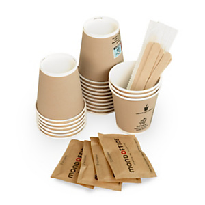MONDOFFICE Kit caffè: 100 bicchieri da caffè da 80 ml, 100 palettine in legno e 100 bustine zucchero di canna MONDOFFICE Kit caffè: 100 bicchieri da caffè da 80 ml, 100 palettine in legno e 100 bustine zucchero di canna