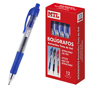 MTL® Bolígrafo retráctil de tinta de gel, punta de 0,7 mm, cuerpo transparente con grip, tinta azul