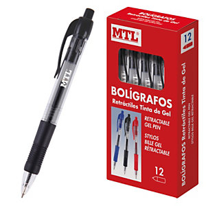 MTL® Bolígrafo retráctil de tinta de gel, punta de 0,7 mm, cuerpo transparente con grip, tinta negra