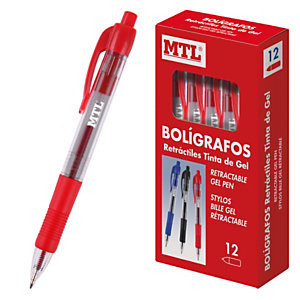 MTL® Bolígrafo retráctil de tinta de gel, punta de 0,7 mm, cuerpo transparente con grip, tinta roja