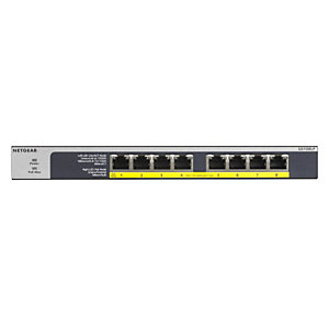 Netgear GS108LP, No administrado, Gigabit Ethernet (10/100/1000), Energía sobre Ethernet (PoE), Montaje en rack, 1U, Montaje de pared GS108LP-100EUS