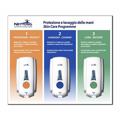 NETTUNO Pannello Skin Care Station PROTEZIONE, LAVAGGIO e CURA mani con 3 Dispenser a muro T-Small, 65 x 55 x 14 cm - 1