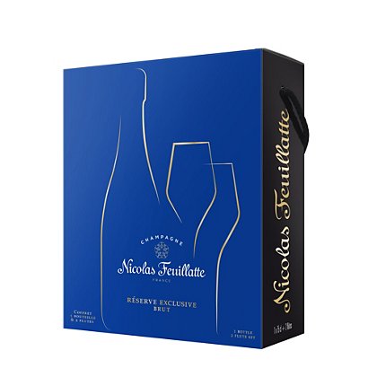 NICOLAS FEUILLATTE Champagne Brut Réserve Exclusive, coffret cadeau avec 2 flûtes - Bouteille de 75 cl - 1