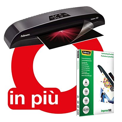 Offerta 1 Plastificatrice Fellowes Calibre A3 + 100 Pouches A4 100 micron con finitura lucida comprese nel prezzo