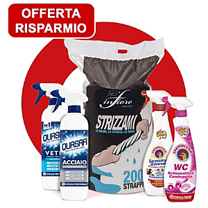 Offerta Risparmio 1 Bobina Carta Asciugatutto 200 strappi Strizzami + 1 Detergente Quasar Vetri + 1 Detergente Quasar Acciaio + 1 Detergente Sgrassatore Chanteclair + 1 Schiumattiva Candeggina WC Chanteclair
Offerta Risparmio 1 Bobina Carta Asciugatutto 200 strappi Strizzami + 1 Detergente Quasar Vetri + 1 Detergente Quasar Acciaio + 1 Detergente Sgrassatore Chanteclair + 1 Schiumattiva Candeggina WC Chanteclair